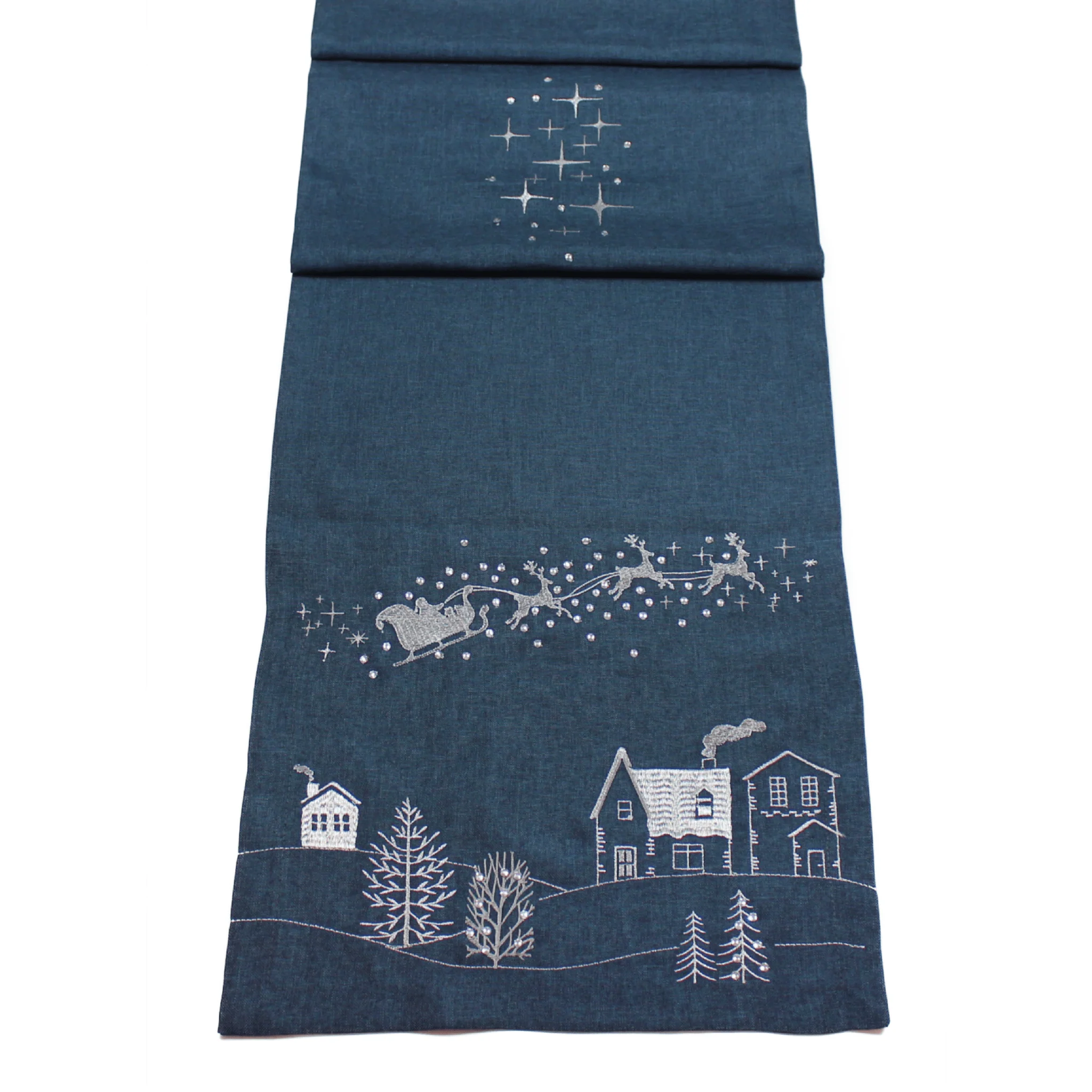 Peggy Wilkins Santa’s Ride Navy/Silver Table Runner – 14" x 75" (35 x 190 cm)
