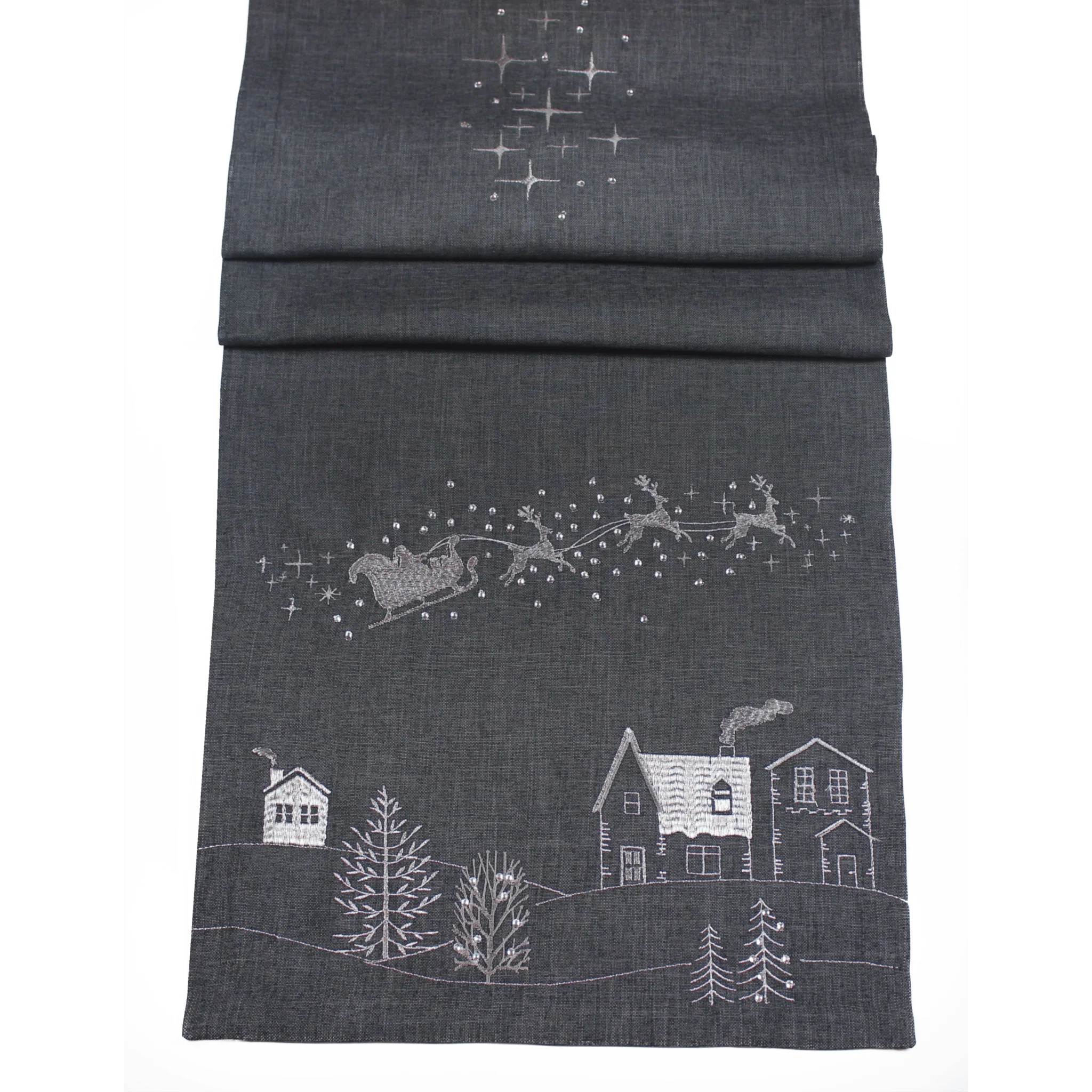 Peggy Wilkins Santa’s Ride Pewter/Silver Table Runner – 14" x 75" (35 x 190 cm)