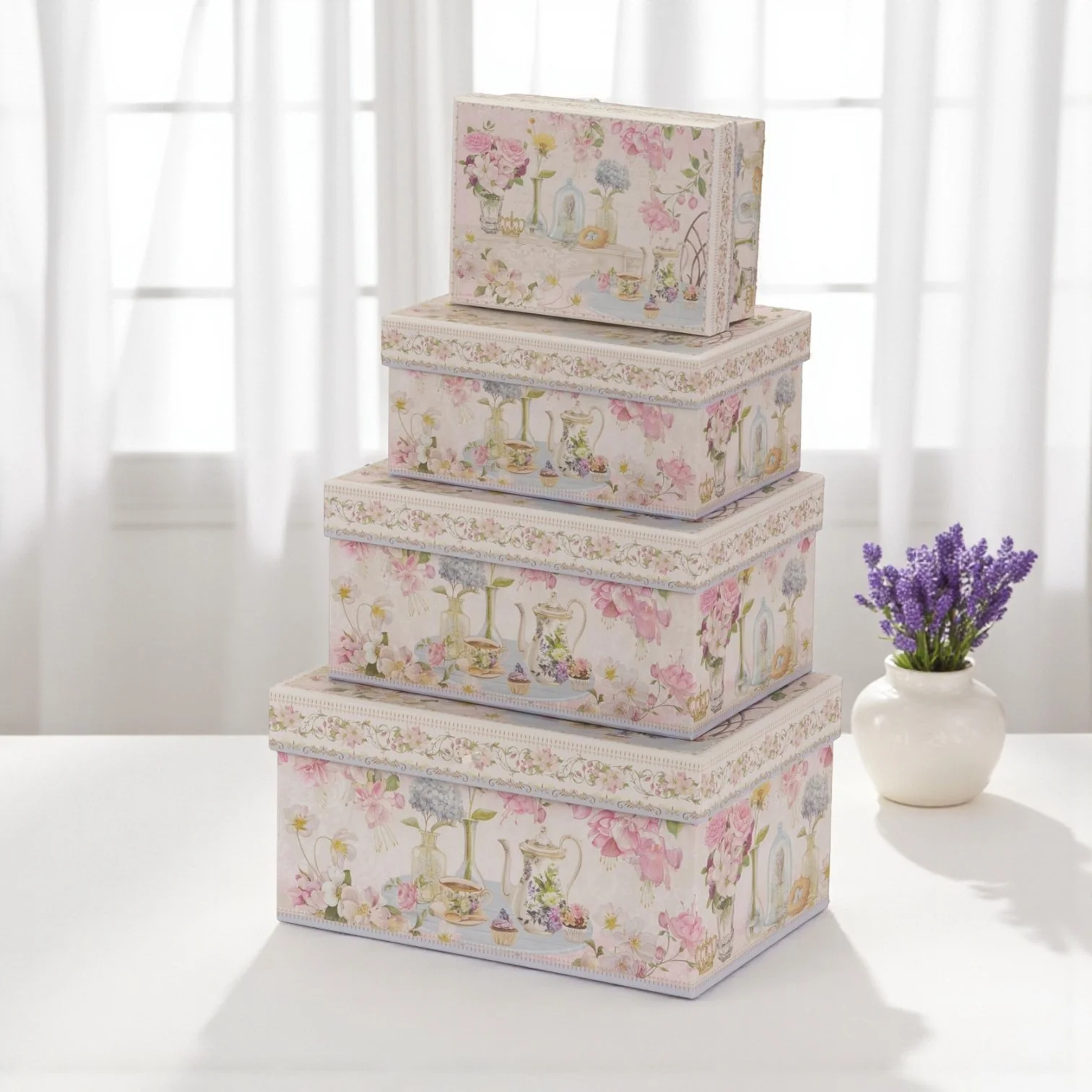 Pink Floral Tea Time Cardboard Storage Boxes – Set of 4
