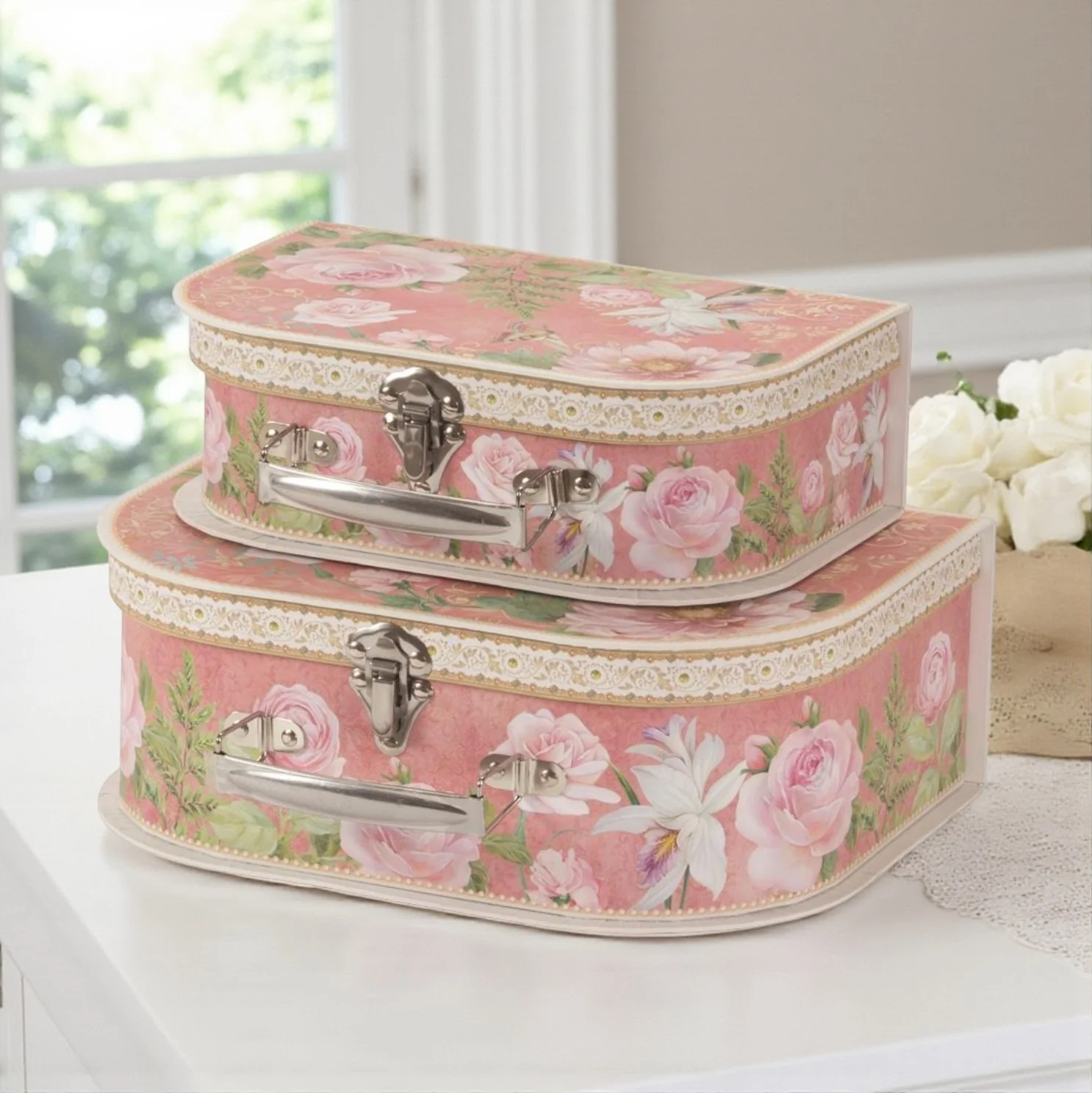 Pink Rose Cardboard Storage Suitcases – Set of 2