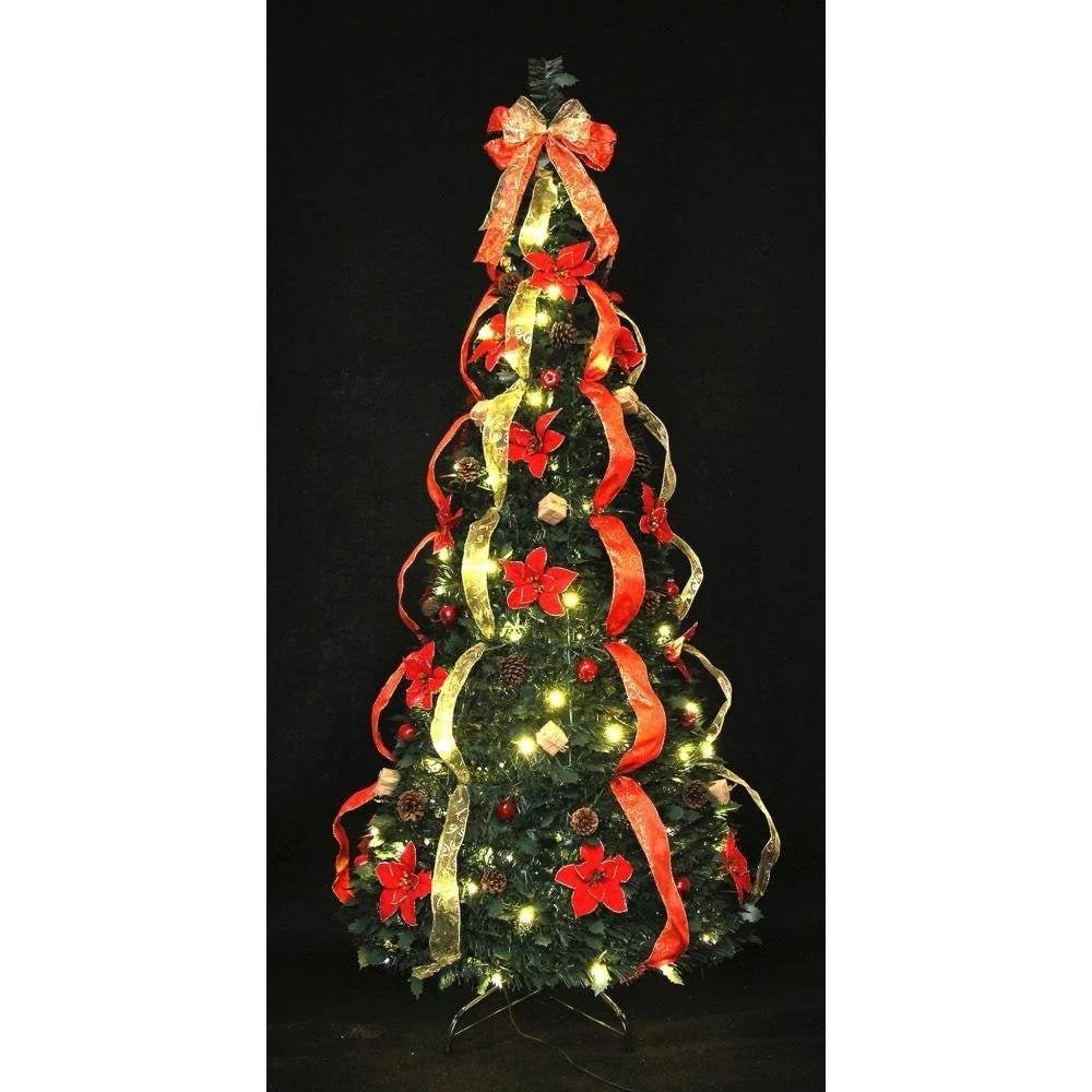 Pre-Lit Pop-Up Decorated (Red/Natural) Tree w/150 LEDs - 6ft