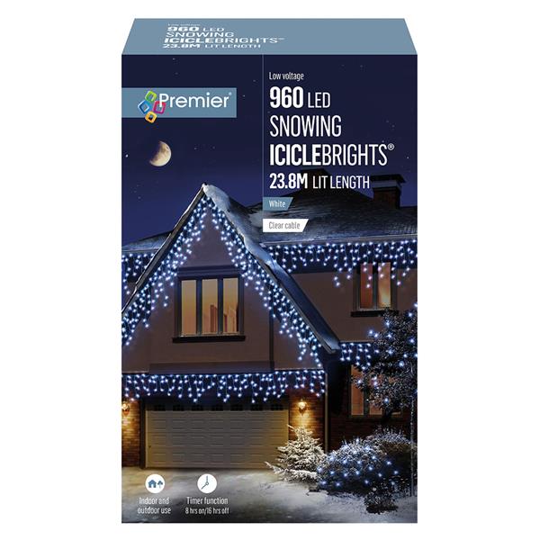 Premier 960 Led Snowing Icicle Lights With Timer - White | FLV162186W