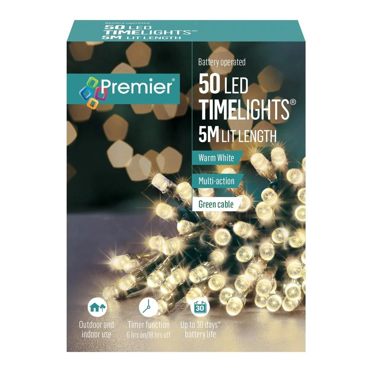 Premier Decorations 50 LED Multi-Action Battery-Operated Timelights - Warm White