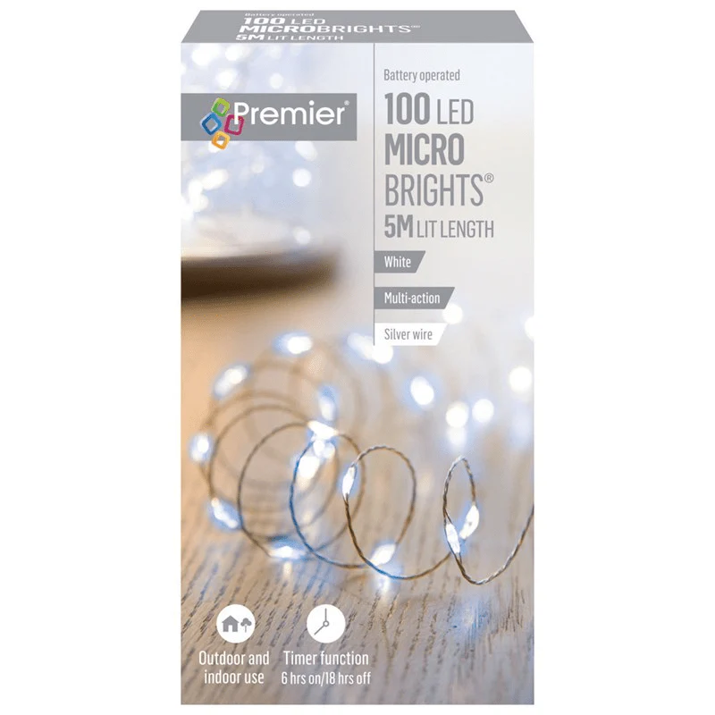 Premier Micro Brights Christmas Lights 100 Led Battery Operated White