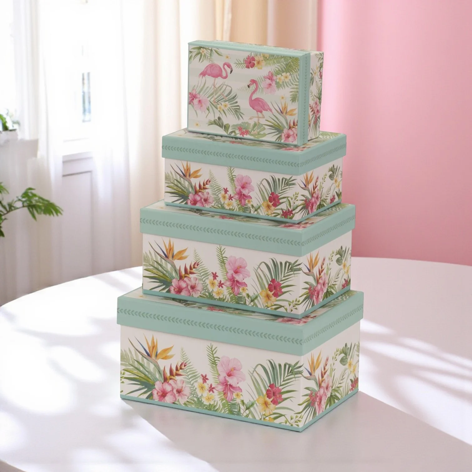 Pretty Flamingo Cardboard Storage Boxes – Set of 4