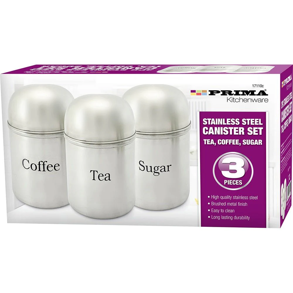 Prima Stainless Steel 3pc Tea, Sugar & Coffee Cannister Set