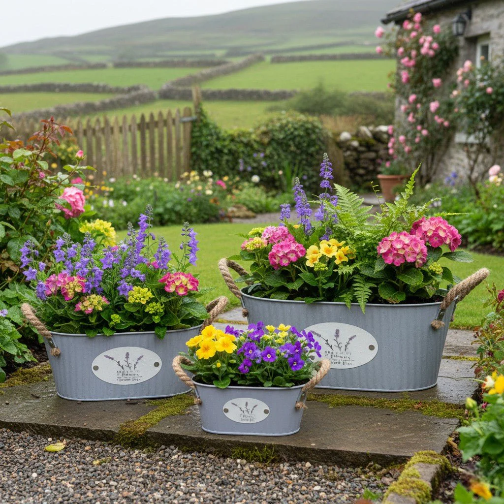 Purple Galvanized Oval Planters – Set of 3 with Jute Handles - Image 2