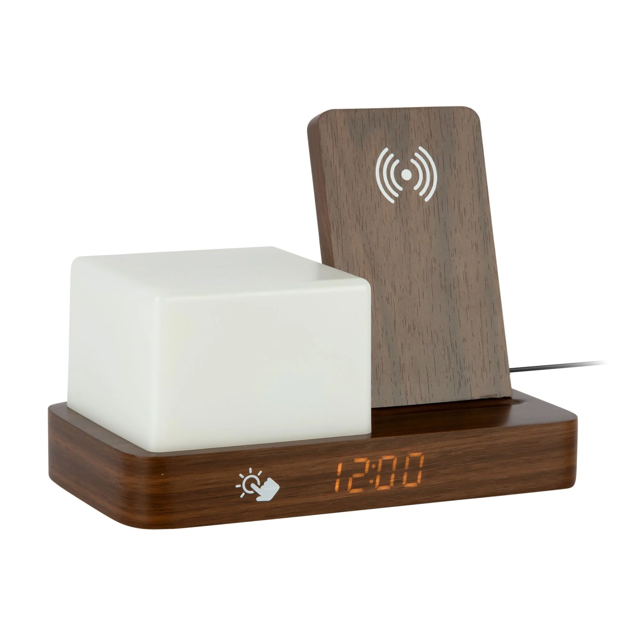 Retro Dark Wood Wireless Charging Alarm Clock with Night Light