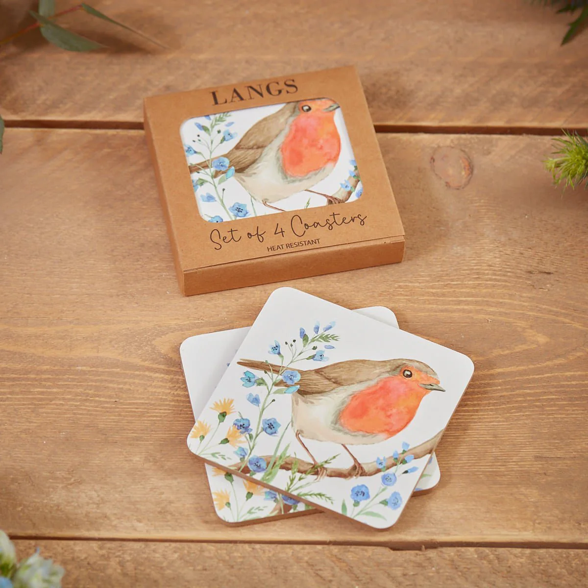 Robin Forget Me Not Coaster S/4 In Box Heat Resistant Wood