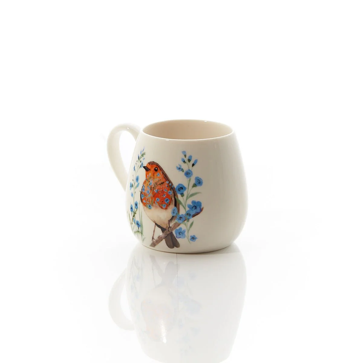 Robin Forget Me Not Mug White Stoneware With Floral Breast - Image 2