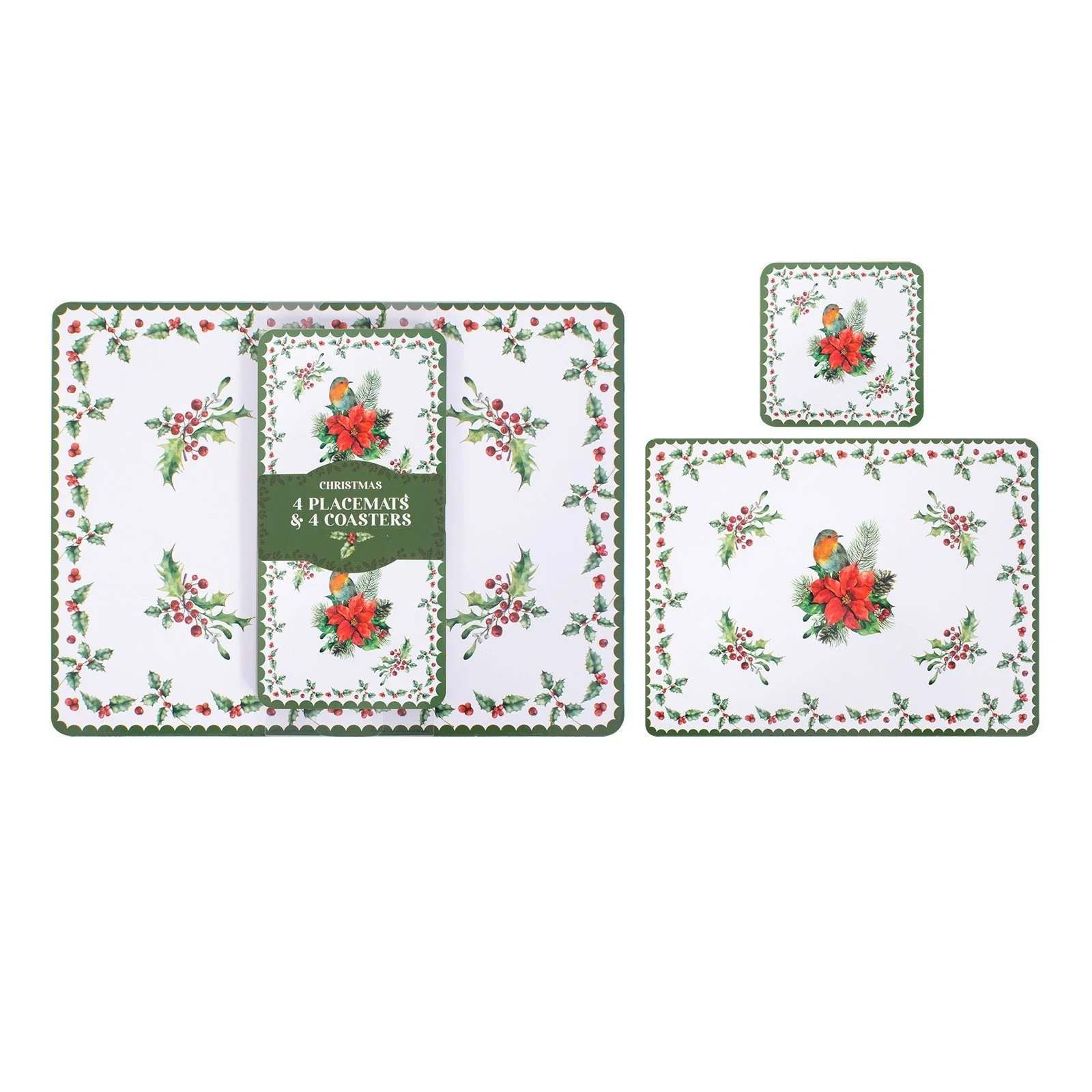 Robin & Poinsettia 4 Placemats & 4 Coasters Pack