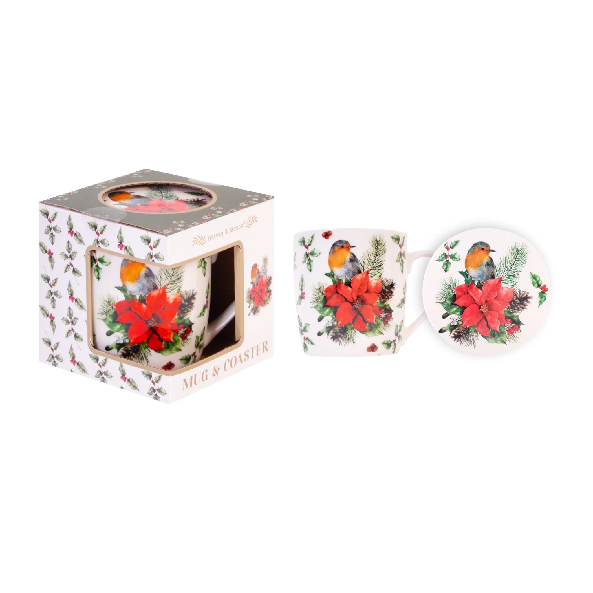 Robin Poinsettia Mug & Coaster Gift Set