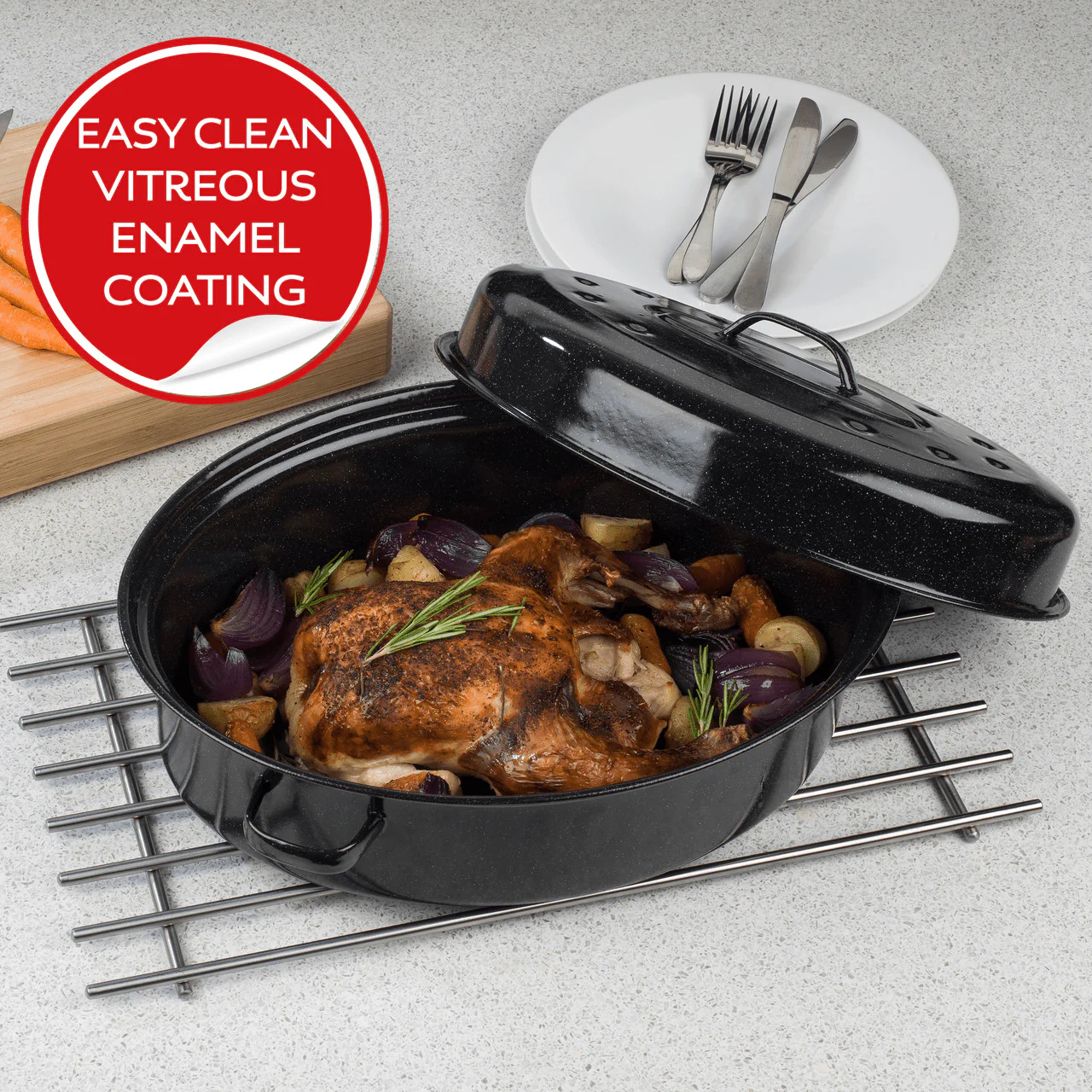 Russell Hobbs Self-Basting Vitreous Enamel Roaster and Lid 38cm - Image 5