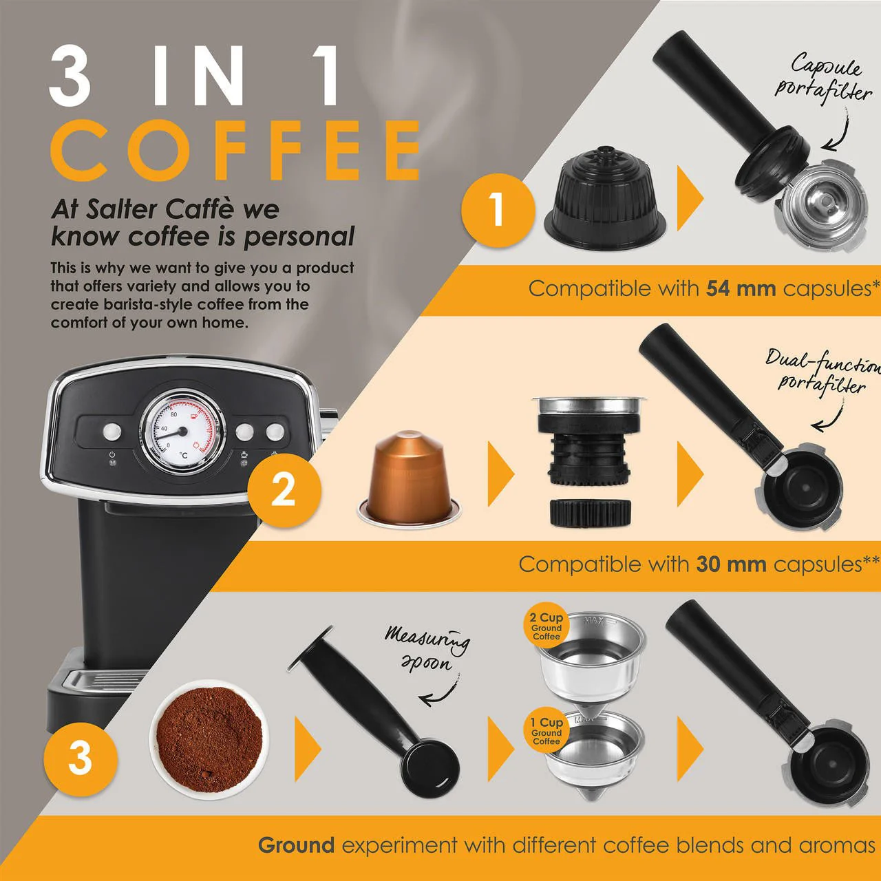 Salter 3 In 1 Barista Deluxe Coffee Machine with Milk Frothing Wand - Image 6