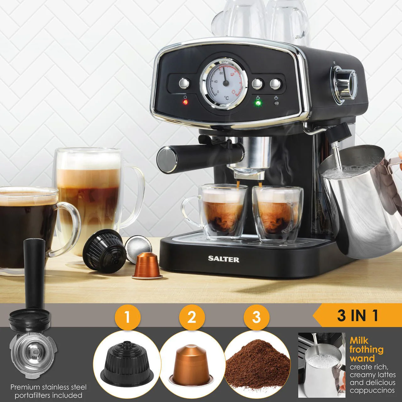 Salter 3 In 1 Barista Deluxe Coffee Machine with Milk Frothing Wand - Image 7