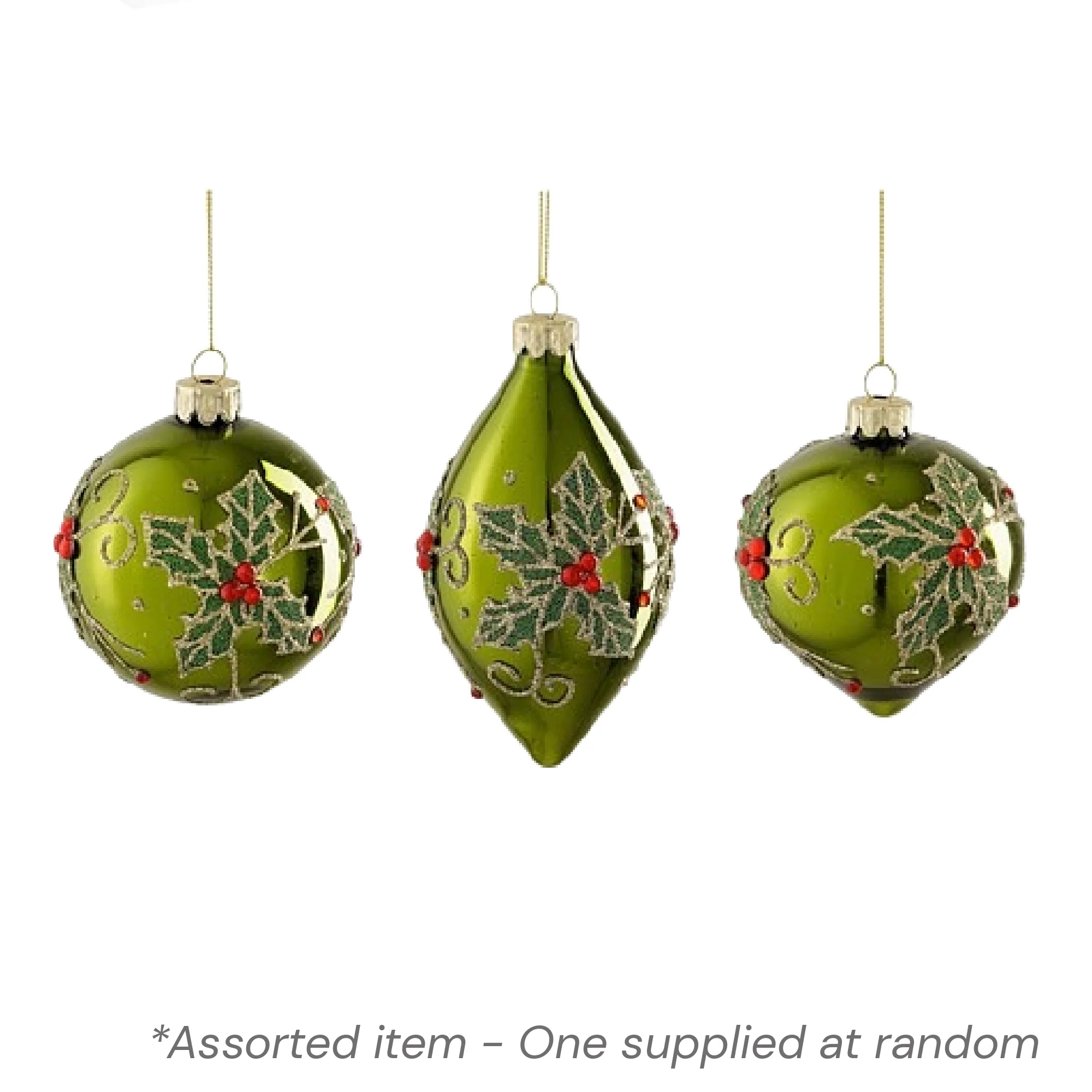 Shiny Green Bauble with Holly 8cm Assorted - One Supplied*