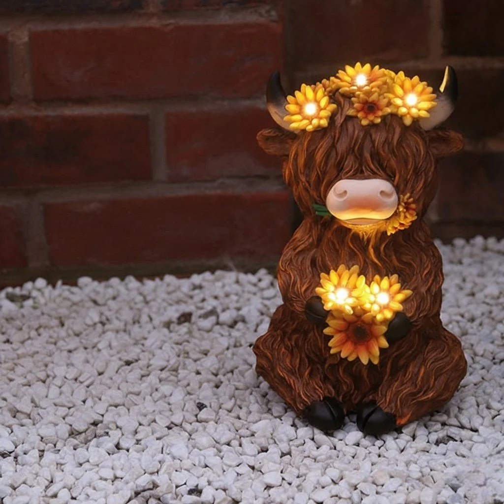 Solar Highland Cow Decor 25cm with Flower Crown
