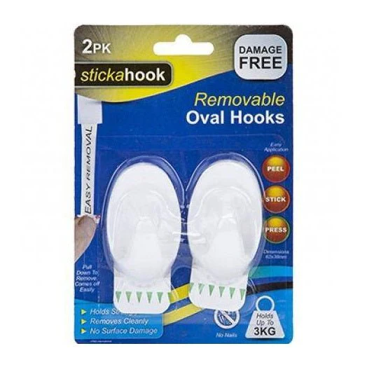 Stickahook Removable Large White Oval Hooks - 2 Pack