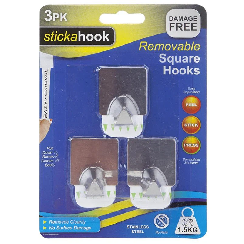 Stickahook Removable Square Silver Hooks - Pack Of 3