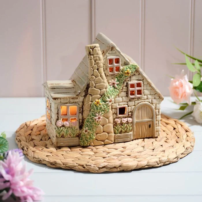 Stoneware Double Cottage With Full Chimney And Embossed Details Candle Holder