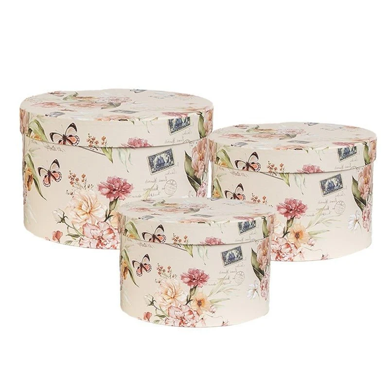 Storage Box Set of 3 Beige Cardboard Flowers