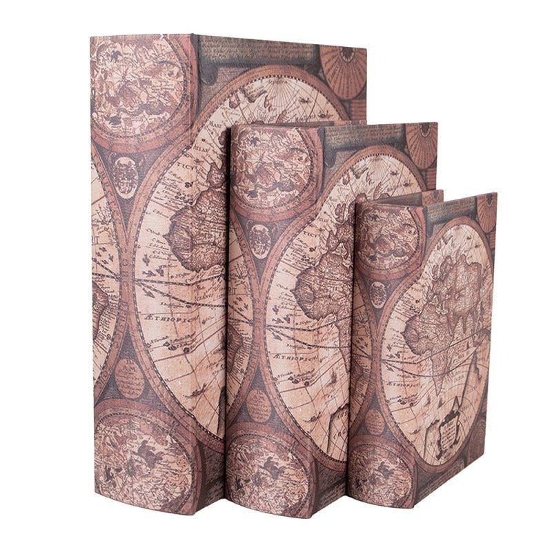Storage Box Set of 3 Books Maps Brown Wood Rectangle