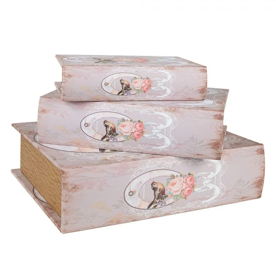 Storage Box Set of 3 Books Pink Wood Bird - Image 3
