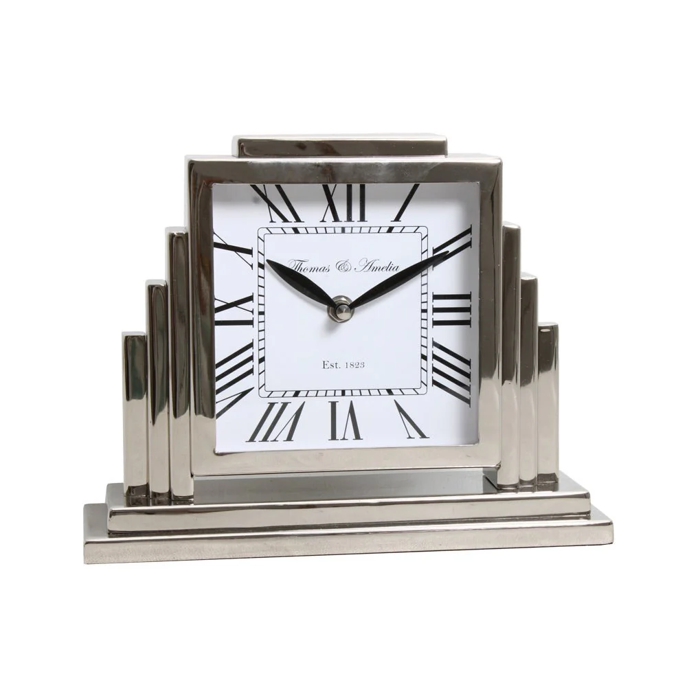Thomas and Ameila Art Deco Mantle Clock Silver 26cm