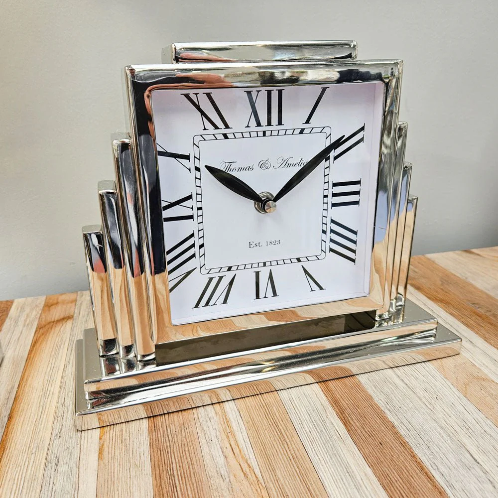 Thomas and Ameila Art Deco Mantle Clock Silver 26cm - Image 2