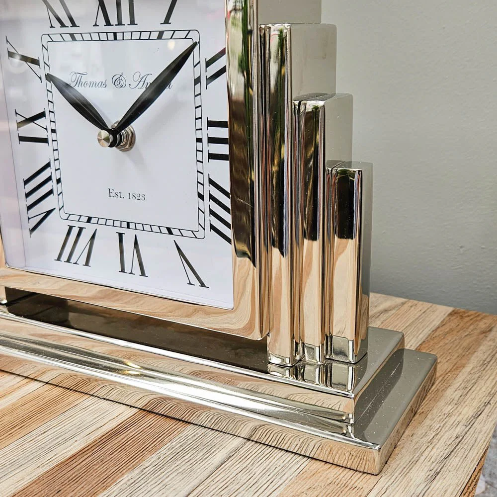 Thomas and Ameila Art Deco Mantle Clock Silver 26cm - Image 3