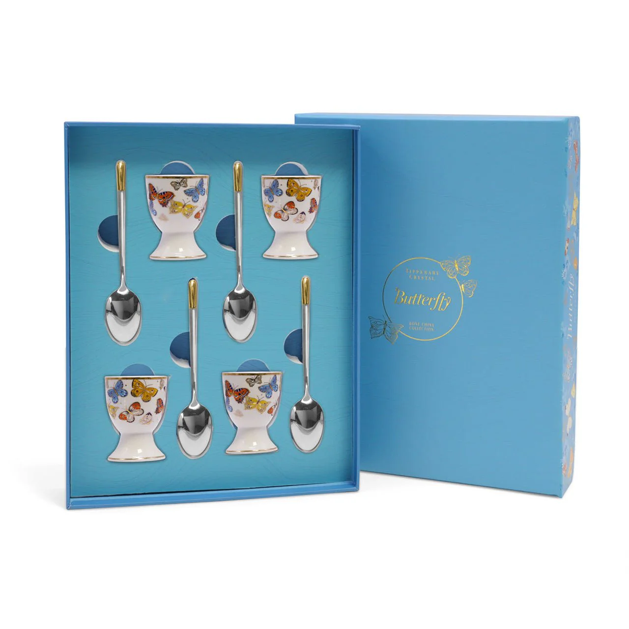 TIPPERARY CRYSTAL Butterfly Egg Cup & Spoon Set of 4