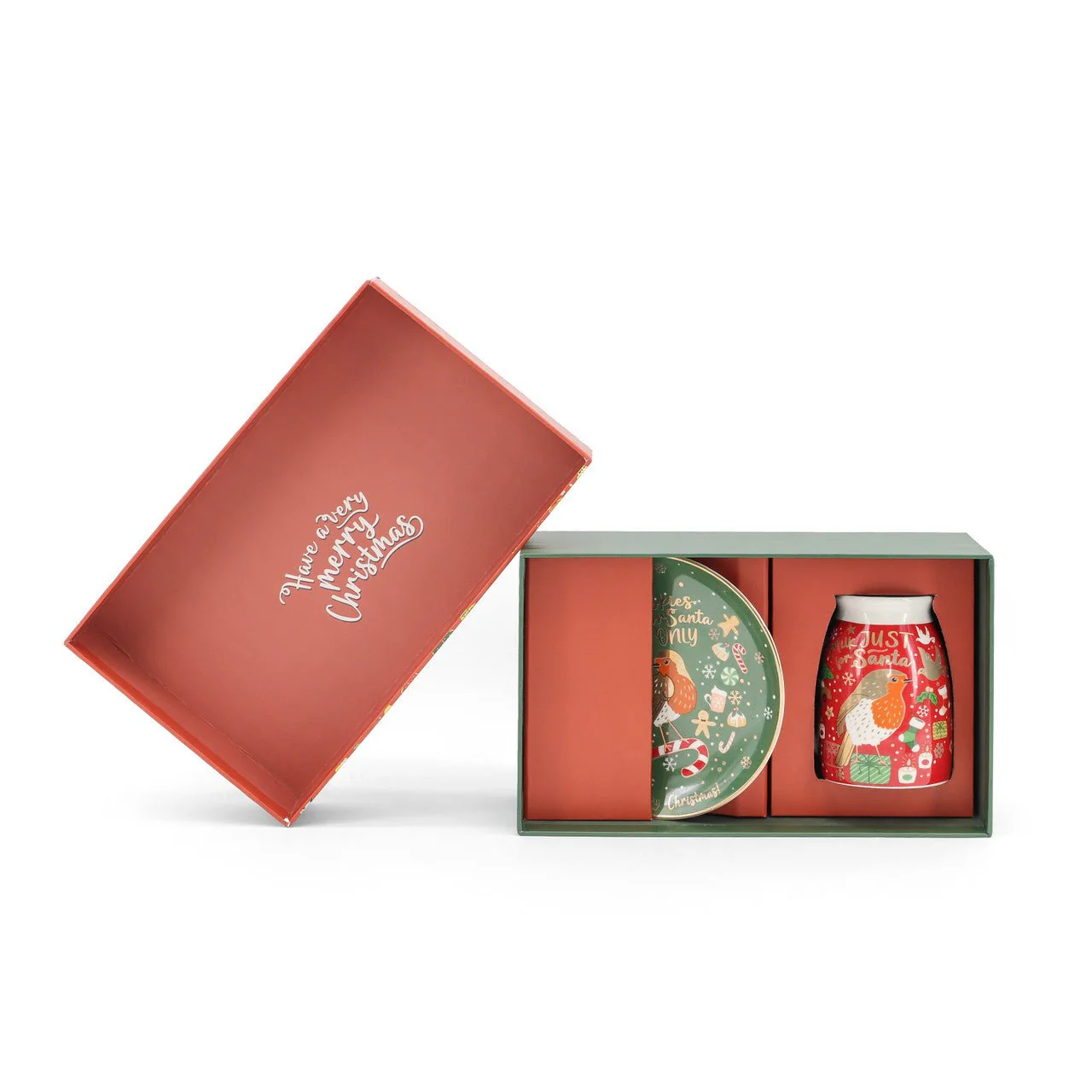 TIPPERARY CRYSTAL Christmas Robin Santa Cookie Plate and Milk Mug