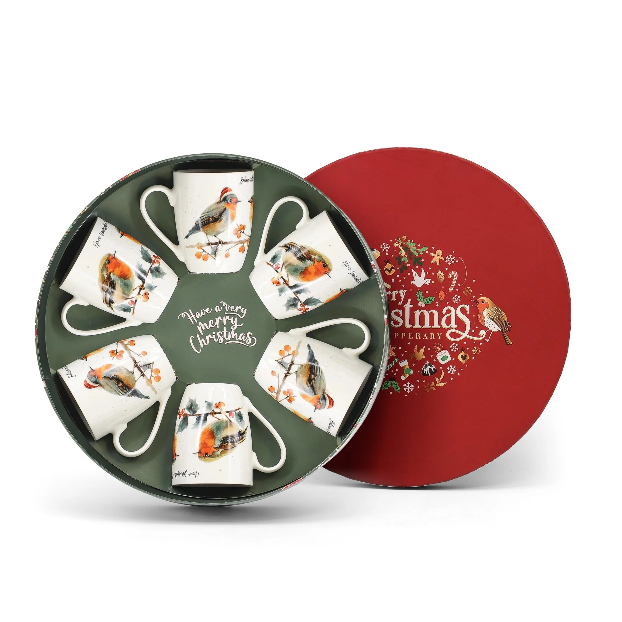 TIPPERARY CRYSTAL Christmas Robins – Set of 6 Hatbox Mugs