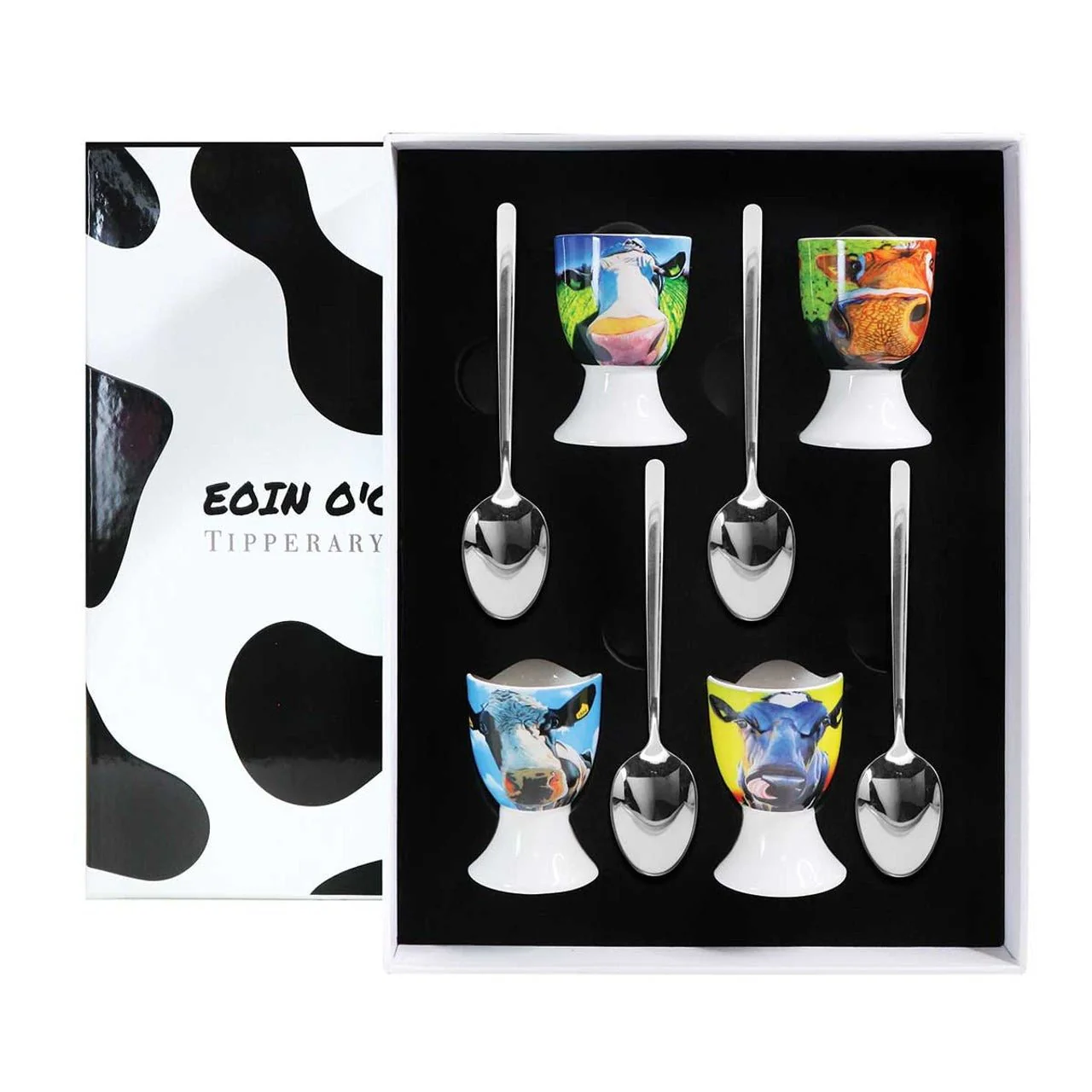 TIPPERARY CRYSTAL Eoin O Connor Set of Four Cow Egg Cups with Spoons