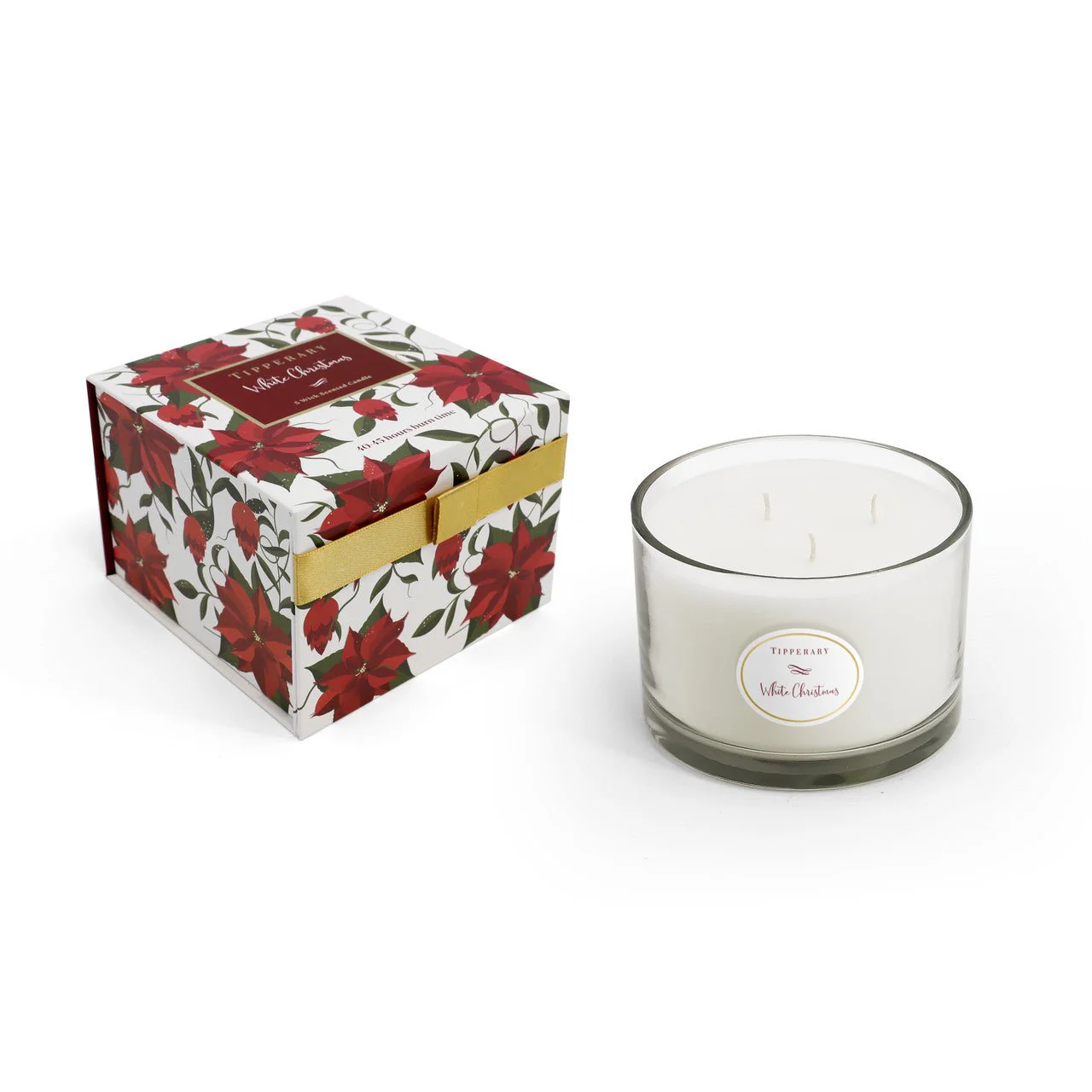 TIPPERARY CRYSTAL Poinsettia 3 Wick Candle - White Christmas