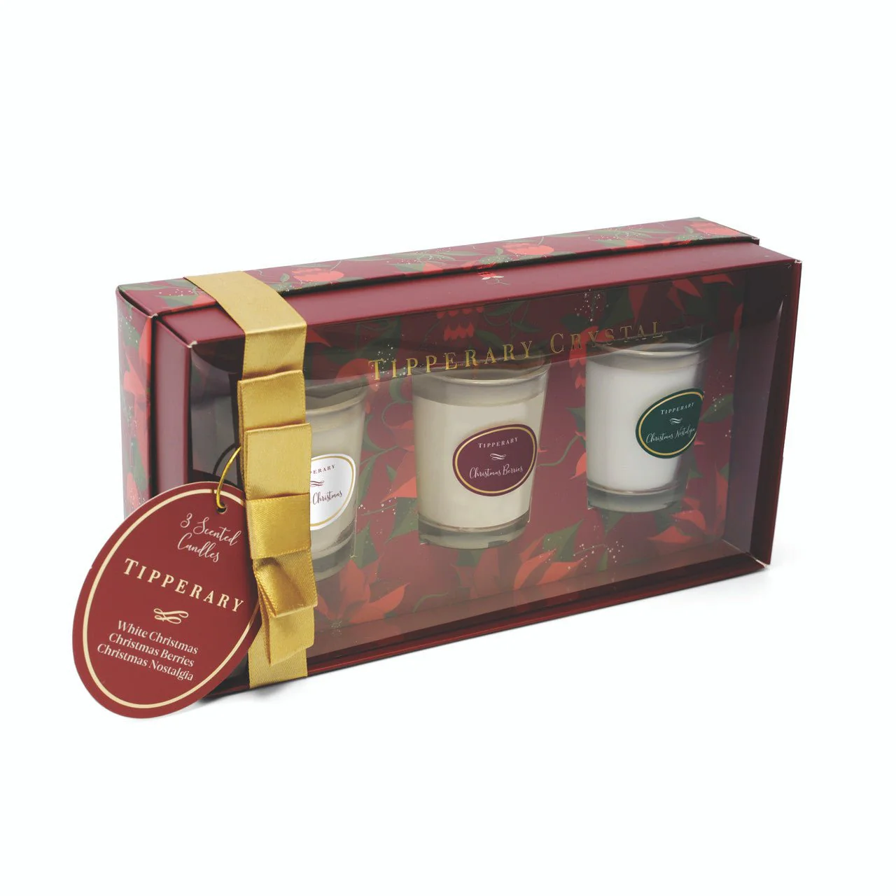 TIPPERARY CRYSTAL Poinsettia Set of 3 Mini Candles - Christmas Berries