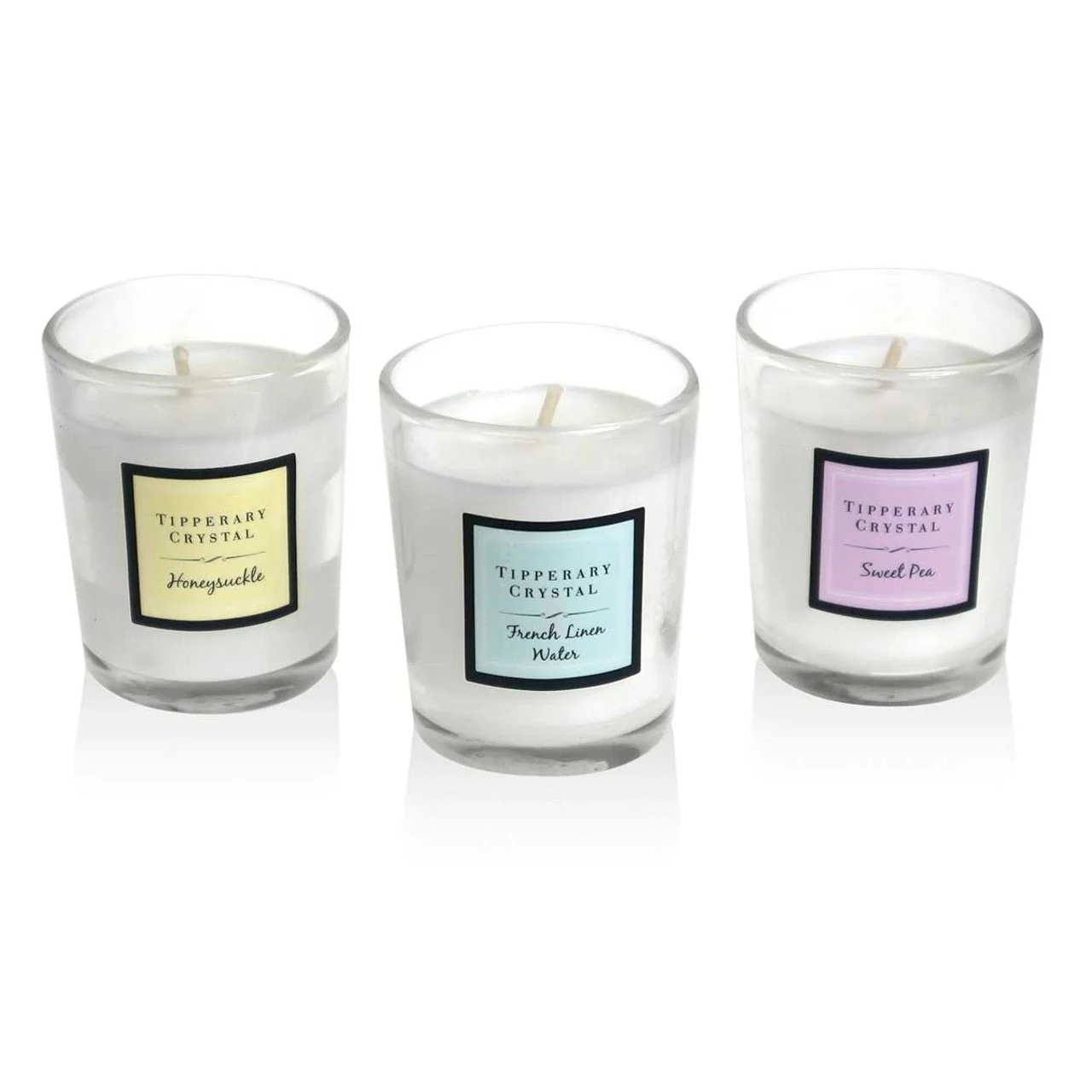TIPPERARY CRYSTAL Set of 3 Assorted Mini Candles - Sweet Pea, Honeysuckle, French Linen