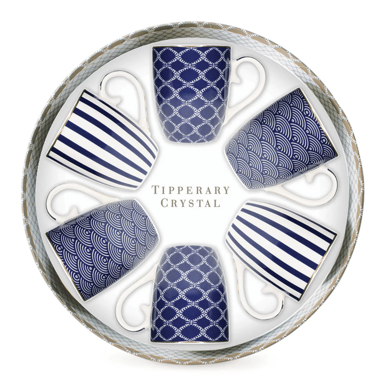 TIPPERARY CRYSTAL Set of 6 Bone China Mugs - Blue Stripe, Net & Rainbow