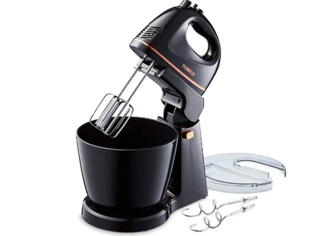 Tower T12039 Stand Mixer, 2.5 Litre Rotary Bowl, Turbo Feature, Chrome Beaters and Dough Hooks, Plastic, 300 Watts, Black and Rose Gold