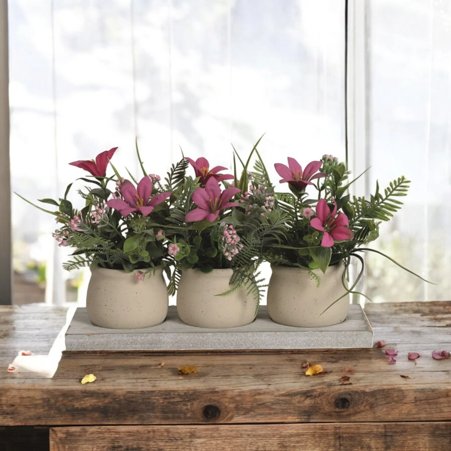 Trio of Pink and Green Floral Arrangements on a Wooden Tray 31x21cm