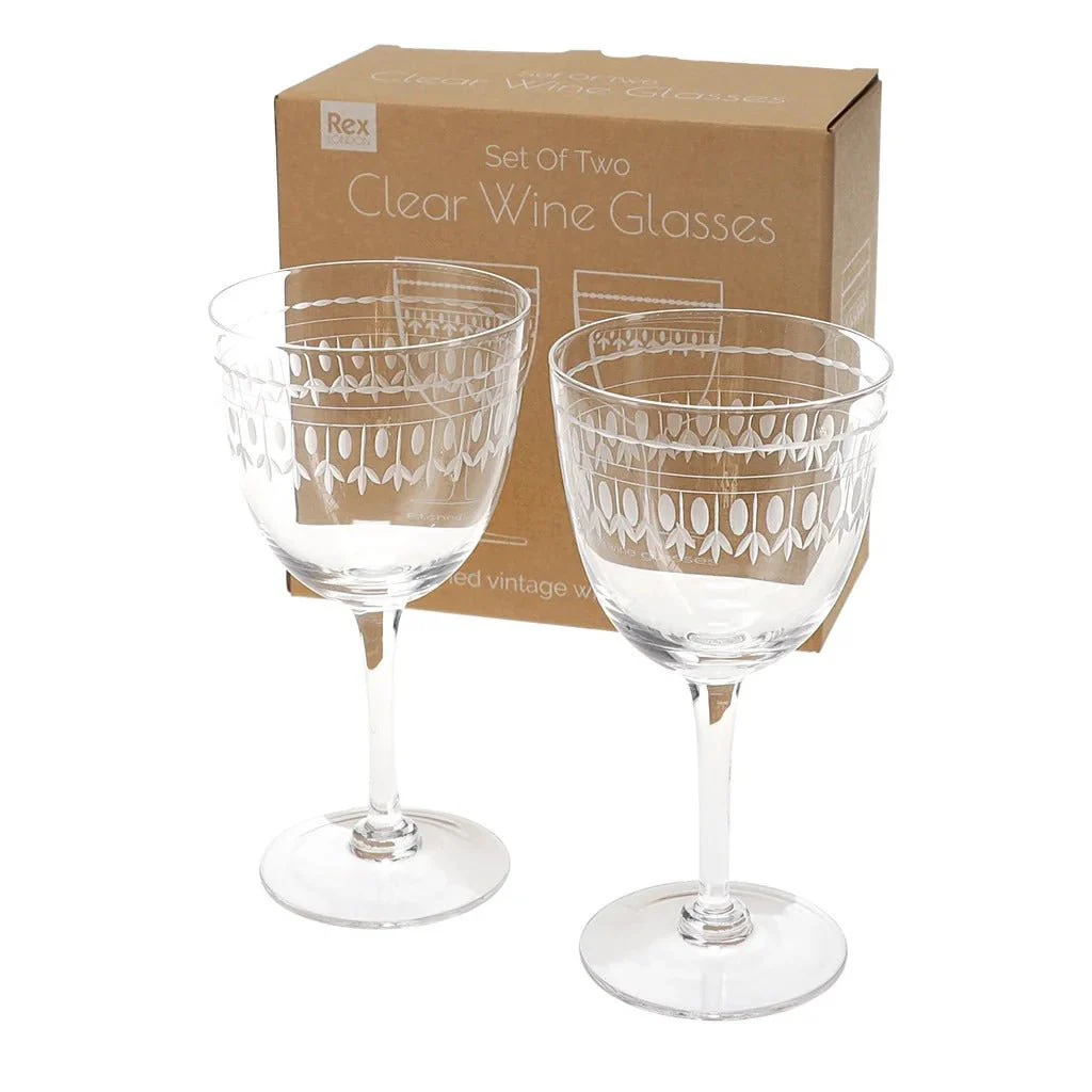 Vintage Etched Wine Glasses 250ml (Set of 2) – Clear