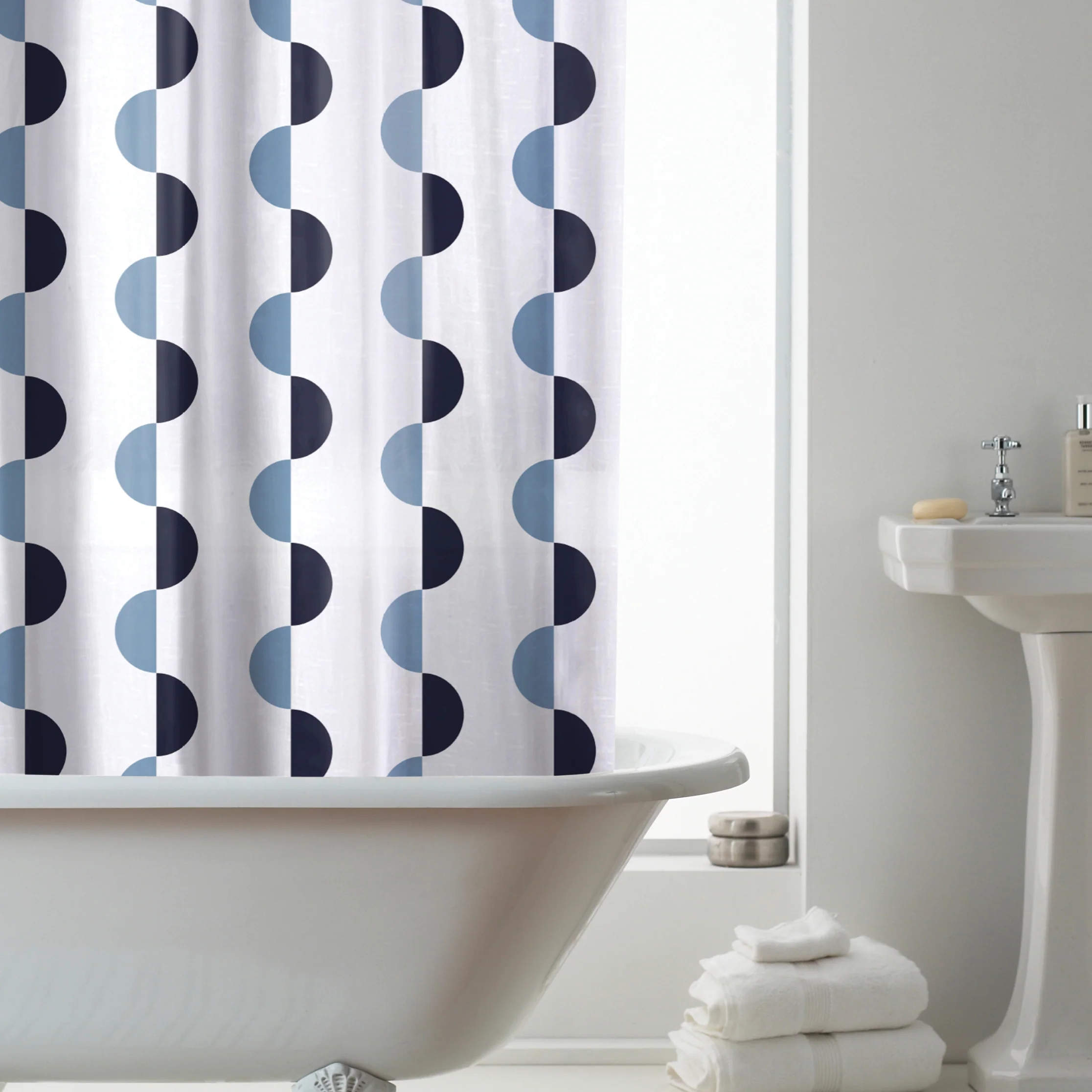 Wave Pattern PEVA Shower Curtain with Hooks – Blue