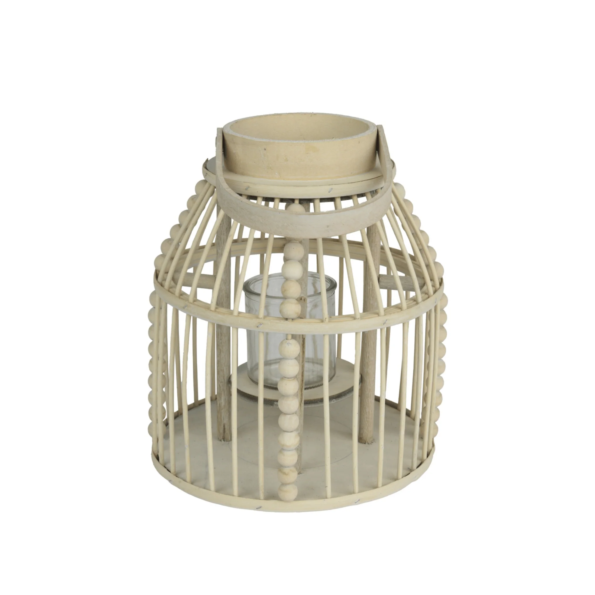 Wooden Round Lantern with Glass Cup – 28cm Height