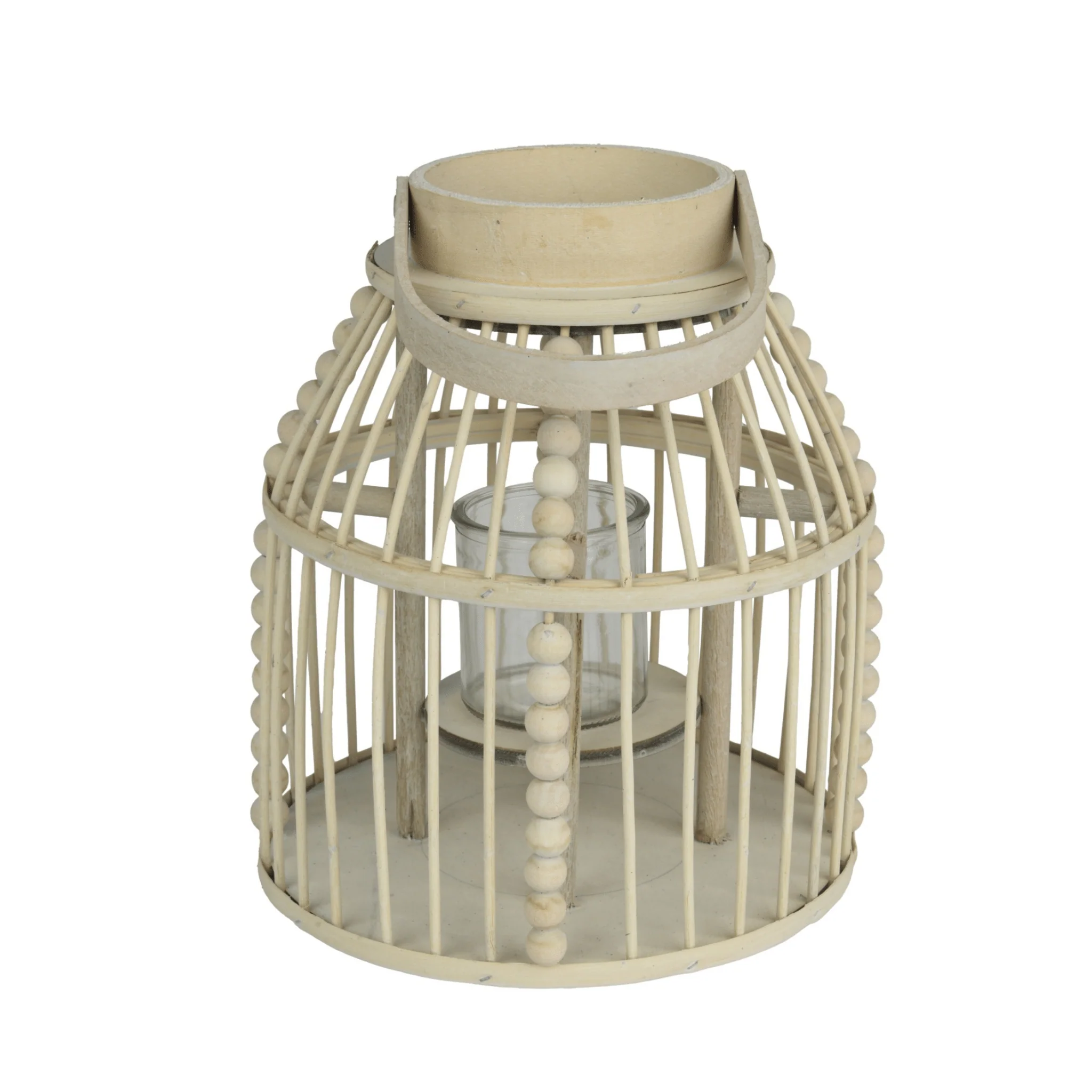 Wooden Round Lantern with Glass Cup – 39cm Height