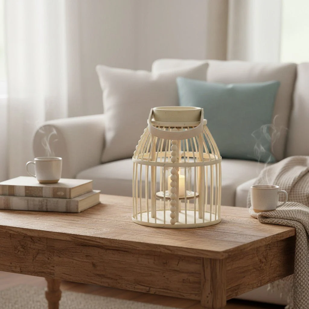 Wooden Round Lantern with Glass Cup – 39cm Height - Image 2