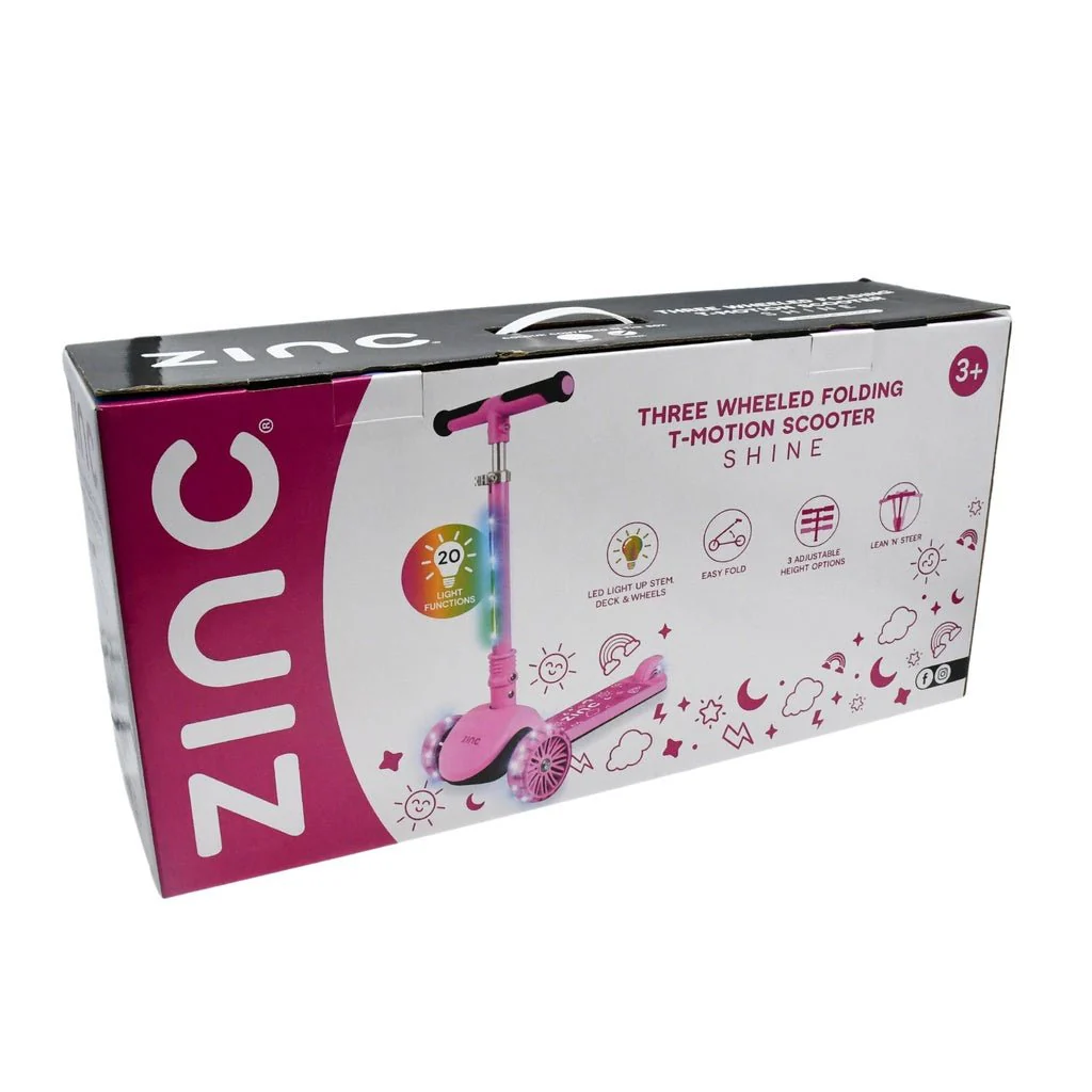 Zinc 3 Wheeled Folding LED Shine Pink Scooter - Image 3